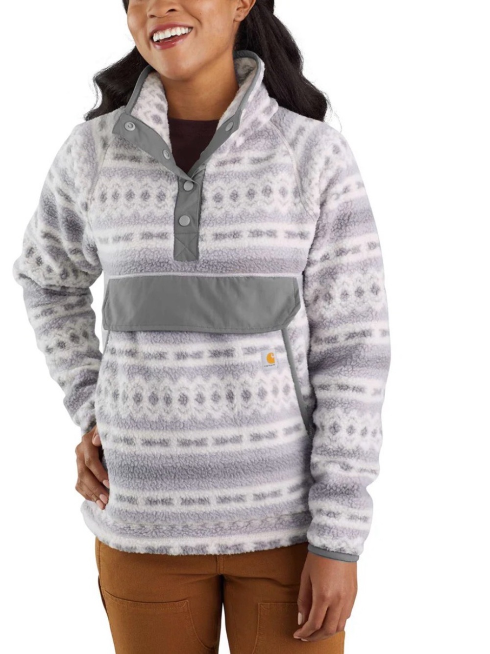 Carhartt Womens Size M Relaxed Fit Fleece Quarter-Snap Pullover Malt Geo Grey